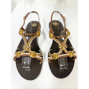 Tory Burch Capri Beaded Multi-Strap Strappy Bead Flat Sandal 8 Mocha Leather